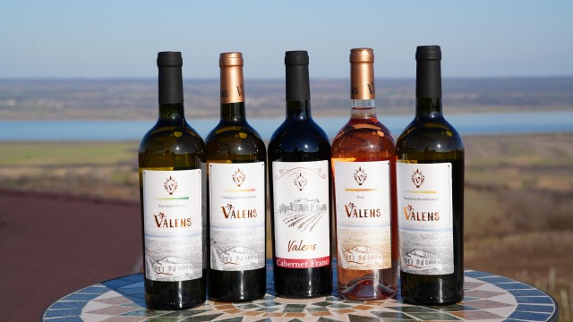 Sticle de vin Valens cu etichete minimaliste expuse în pivnița cramei din Vâlcea.